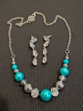 #1: Silver Tone & Teal Beaded Necklace11" with Crystal Drop Earrings